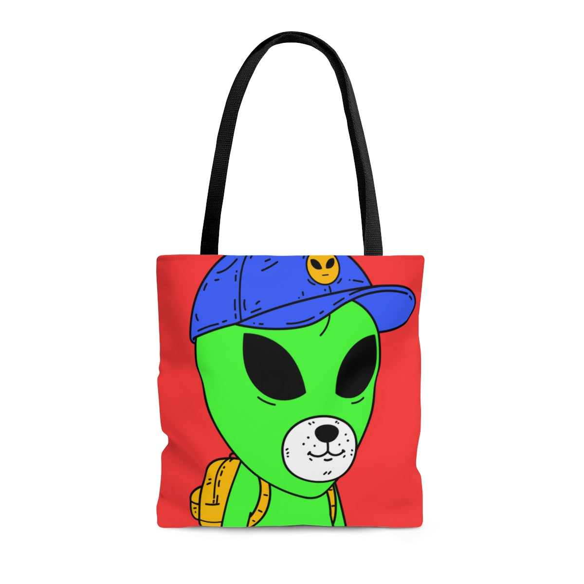 White Dog Bear Mouth Alien Green Visitor Yellow Backpack Blue Visi Hat AOP Tote Bag