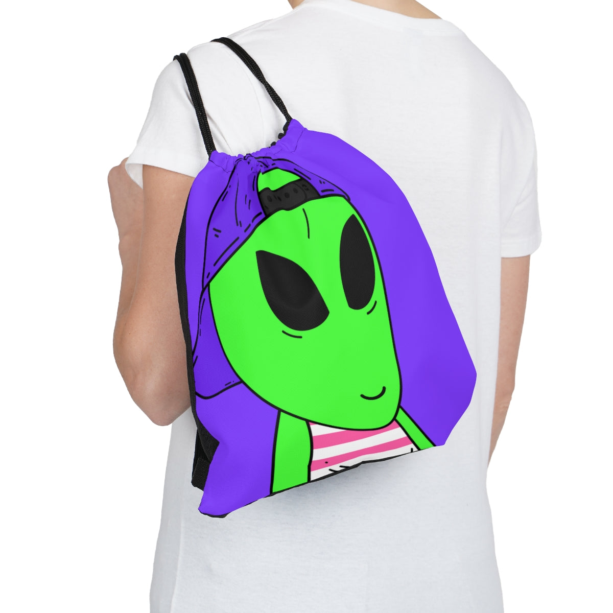 Sombrero morado Sonrisa alienígena verde Visitante Camiseta sin mangas a rayas blancas y rojas Al aire libre Mochila saco