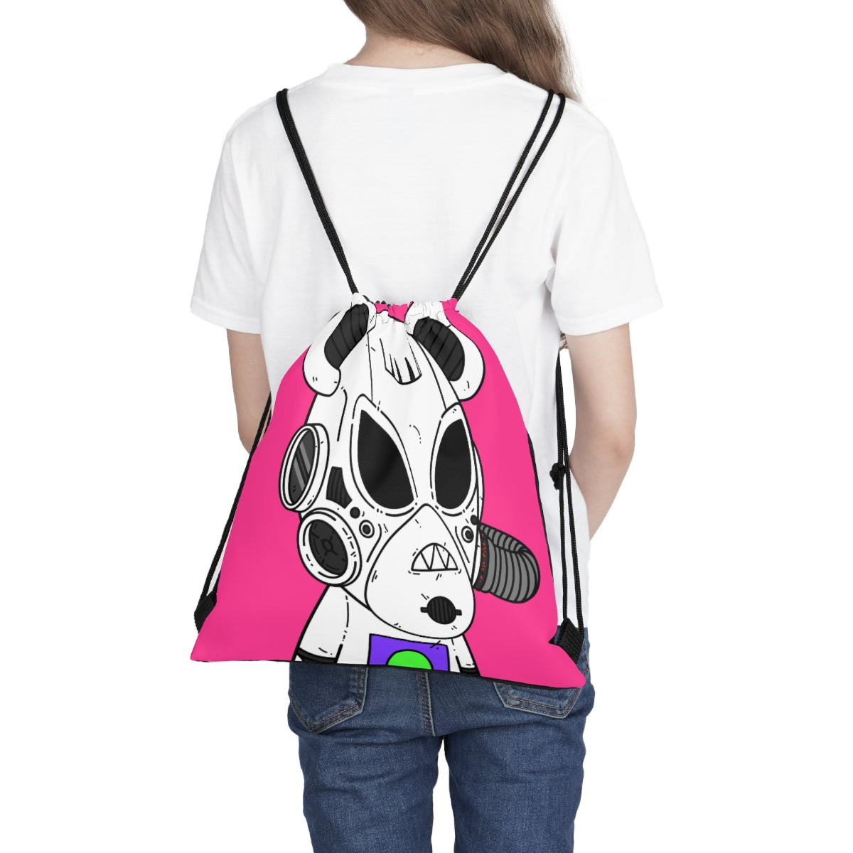 Armored White Mouse Ears Future Alien Cyborg Machine Visitor Outdoor Drawstring Bag