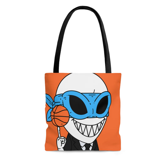 Alien BBall Sport Ninja Mask Big Smile Teeth Game Player Orange Basketball Ninja Suit Tie AOP Tote Bag