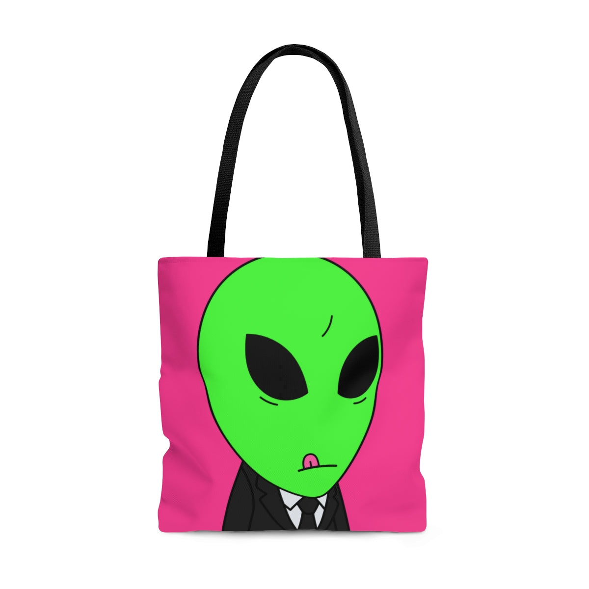 Green Apple Head Tongue Out Black Business Suit Visitor AOP Tote Bag