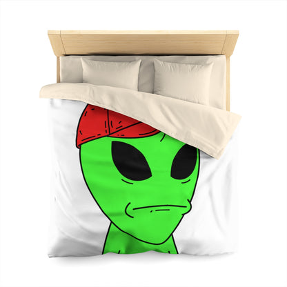 Green Visitor Alien Large Face Red V Hat Microfiber Duvet Cover