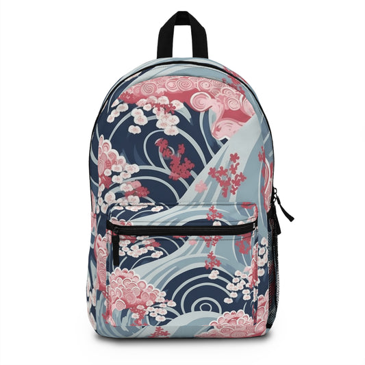 Japanese Minimalist Waves & Cherry Blossoms Pattern Backpack