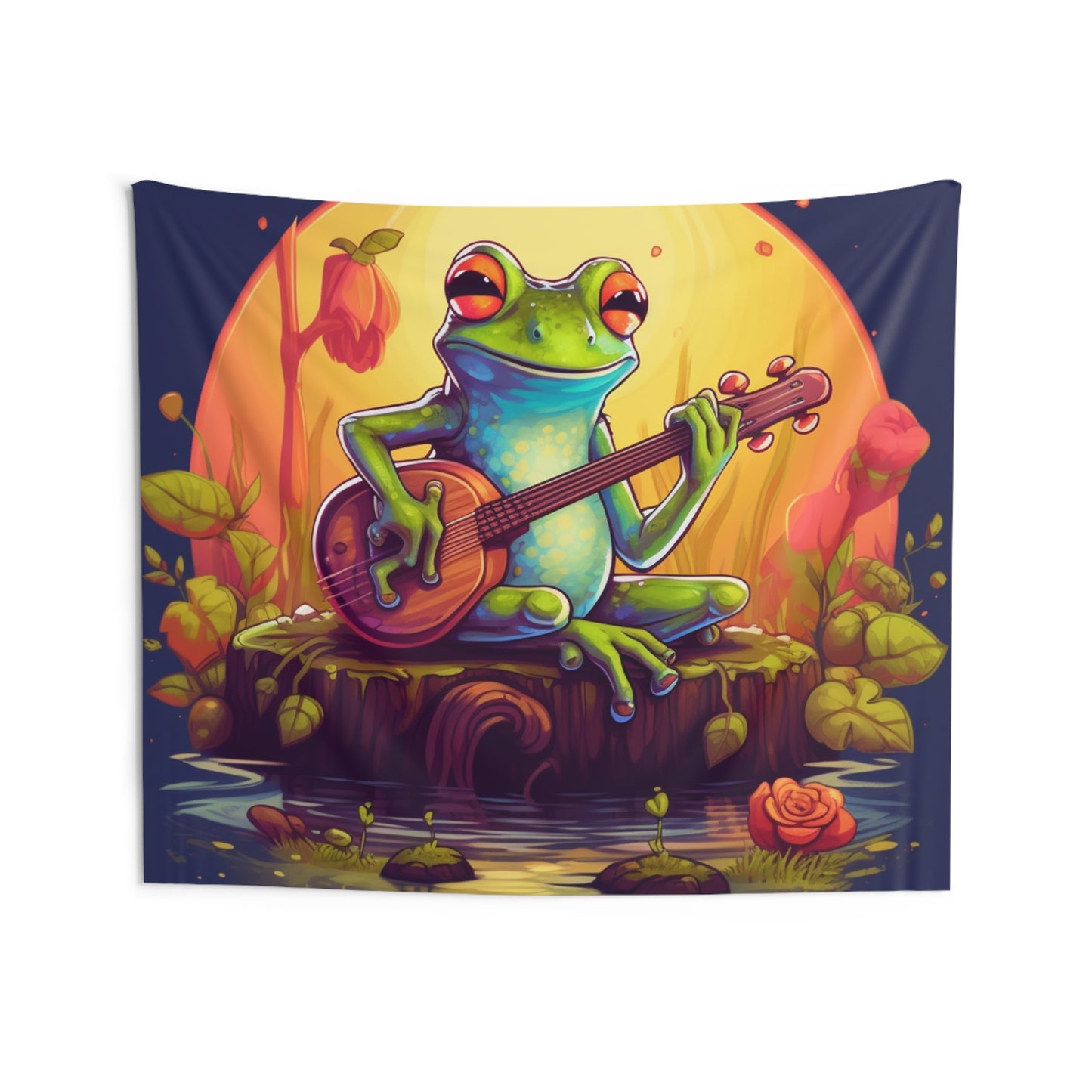 Log Frog Playing Instrument Tune Music Outdoor Swamp Graphic Indoor Wall Tapestries