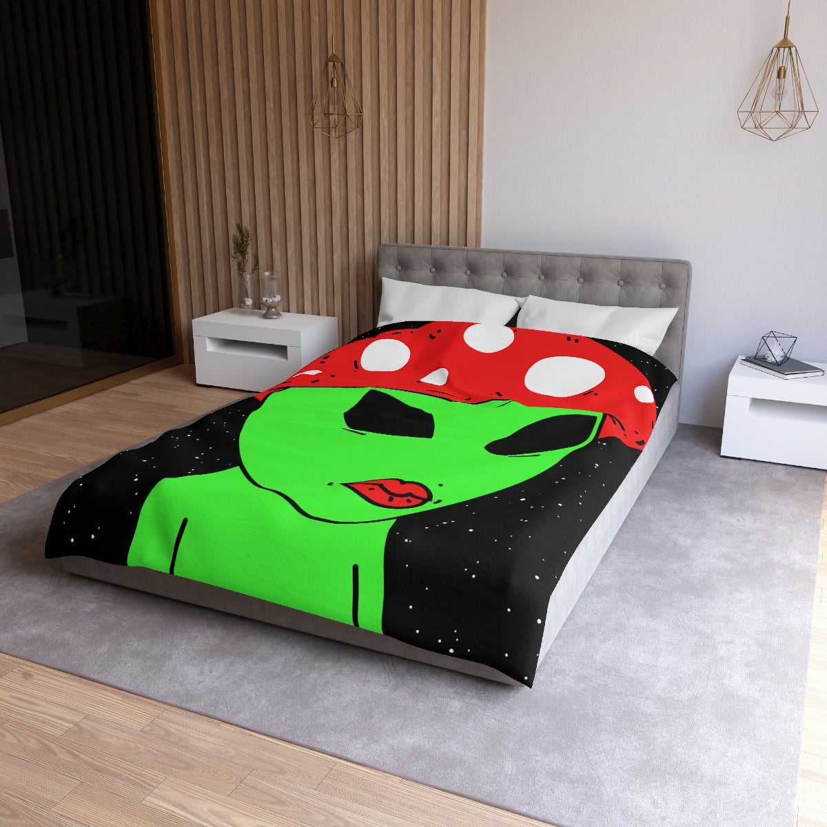 Mushroom Head Green Alien Visitor w/ Red Lips Microfiber Duvet Cover