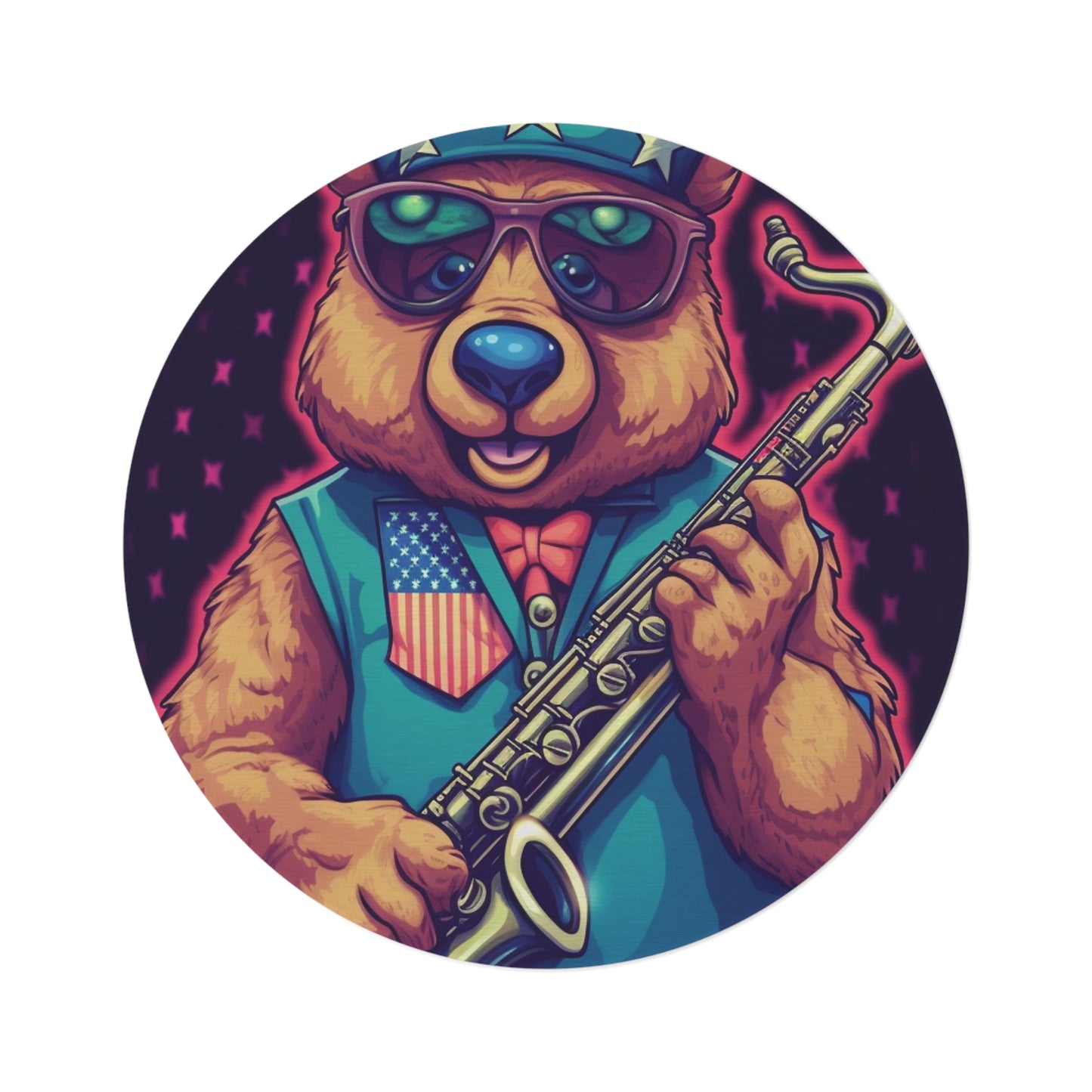 Jazz Stars and Stripes: Celebrate 4th of July with the Patriotic Bear's Saxophone Round Rug