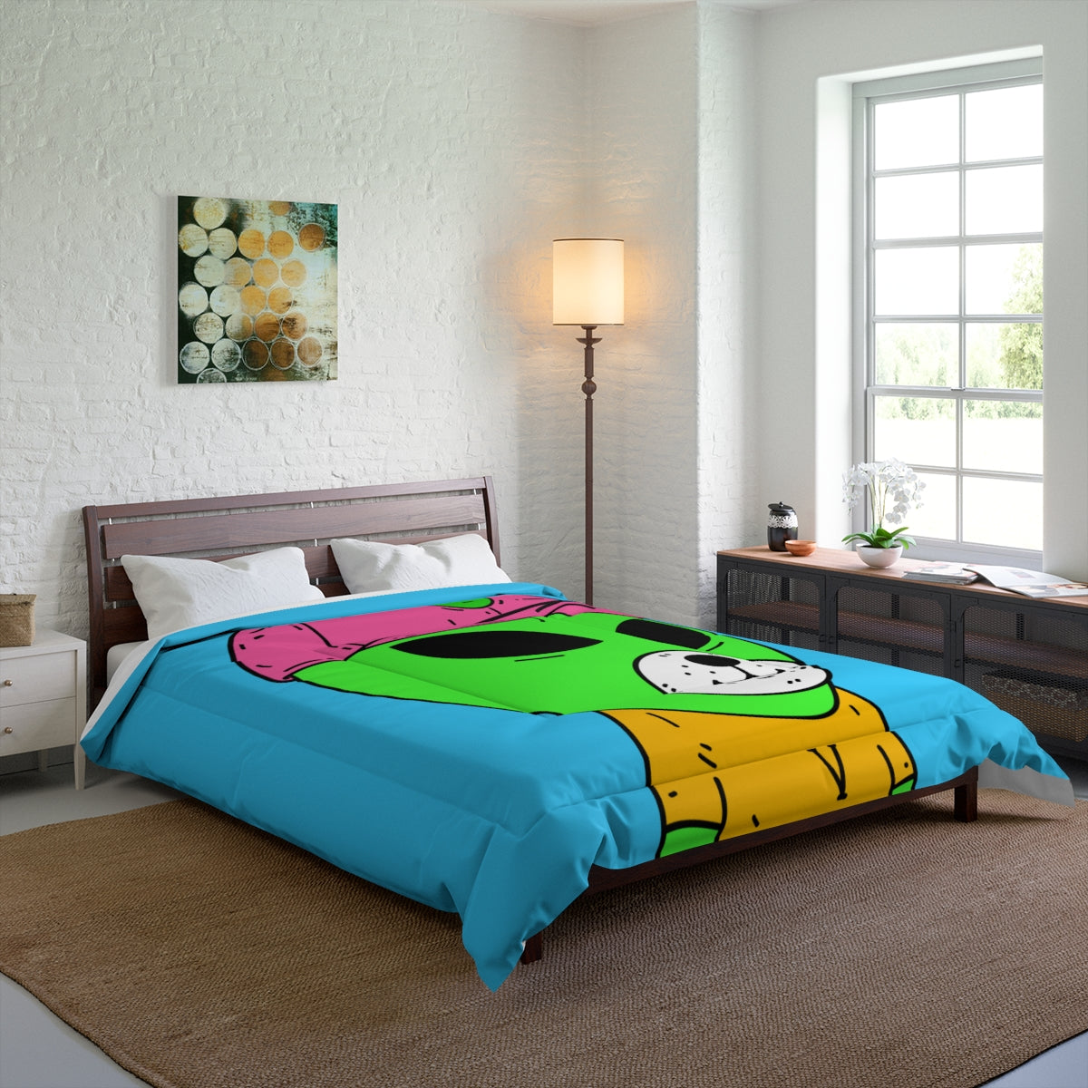 Green Alien Visitor Dog Bear Face Yellow V T Shirts Pink Visi Hat Bed Comforter