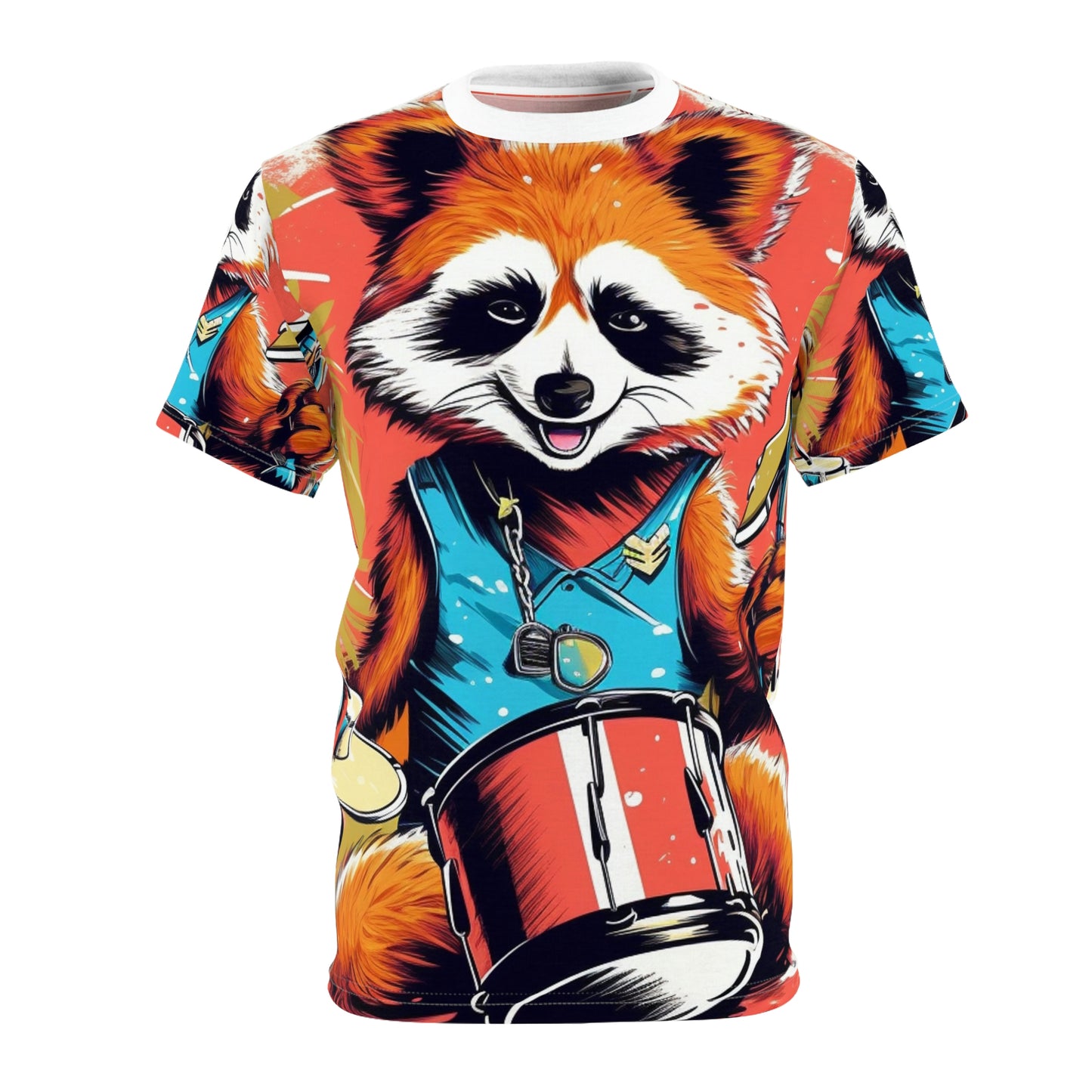 Red Panda Drum Music Player Graphic Camiseta unisex cortada y cosida (AOP) 