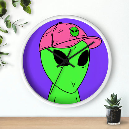 Green Alien V Face Pink Visi hat Visitor Wall clock