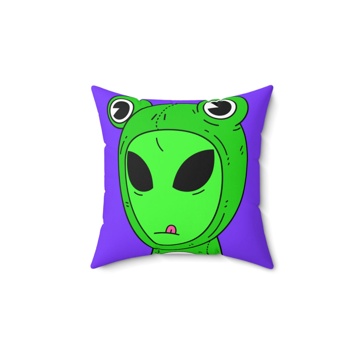 Green Kek Frog Alien Space Character Cartoon Pink Tongue Visitor Spun Polyester Square Pillow