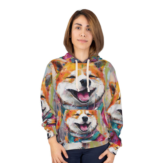 Arte estilo graffiti Shiba Inu bebiendo café: diseño colorido, feliz y post-apocalíptico Sudadera con capucha unisex (AOP) 