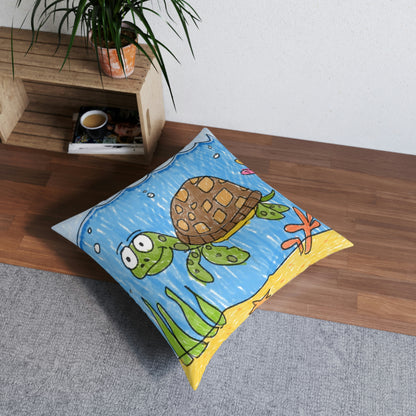 Almohada de suelo con diseño de tortuga marina, playa, arena y océano, cuadrada 