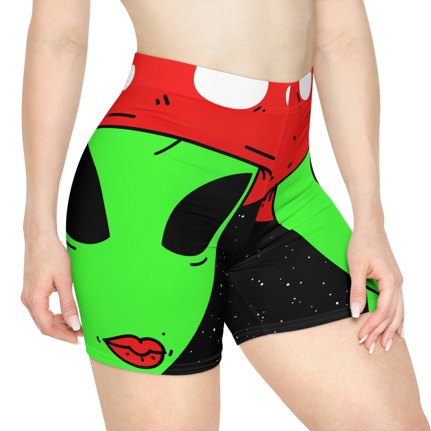 Mushroom Head Green Alien Visitor w/ Red Lips Women's Biker Shorts