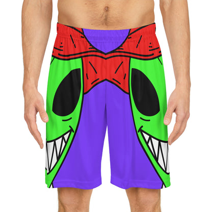 Personaje Alien Dibujos Animados Sombrero Rojo Camisa Rayas Gran Sonrisa Pantalones Cortos Baloncesto 