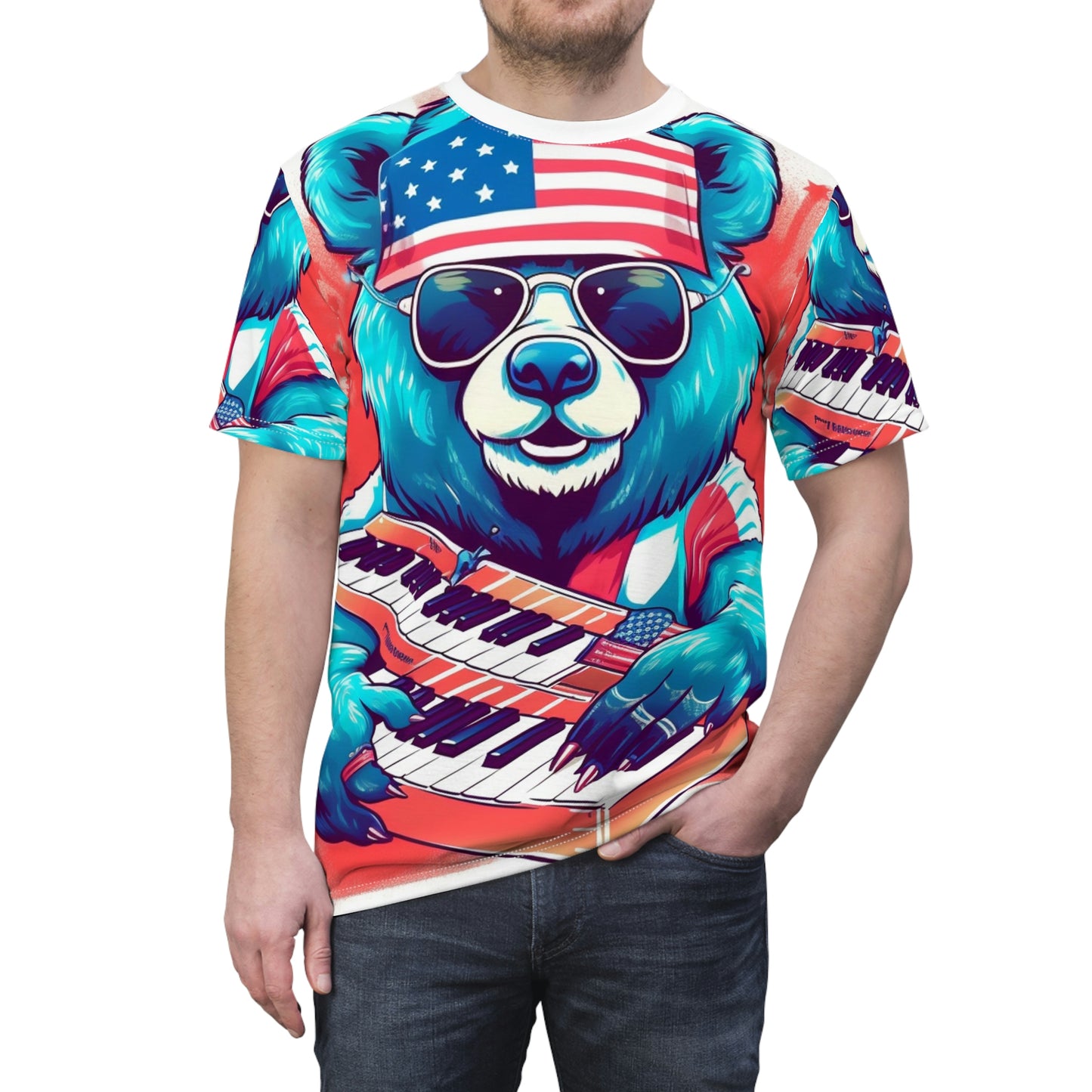 Keys of Patriotism: Piano Player Patriotic Bear's 4th of July Musical Celebration Unisex Cut & Sew Tee (AOP)