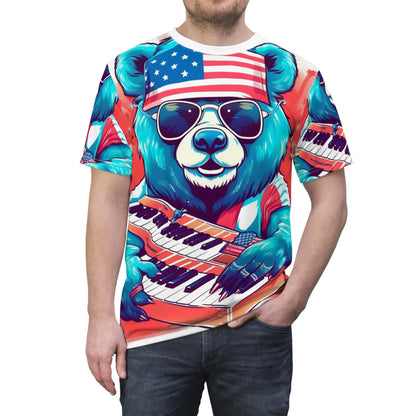 Keys of Patriotism: Piano Player Patriotic Bear's 4th of July Musical Celebration Unisex Cut & Sew Tee (AOP)