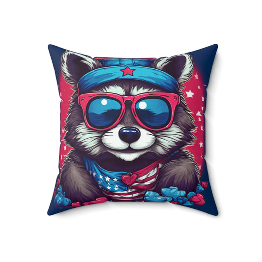 Cute Furry Raccoon Animal USA Flag Style Spun Polyester Square Pillow