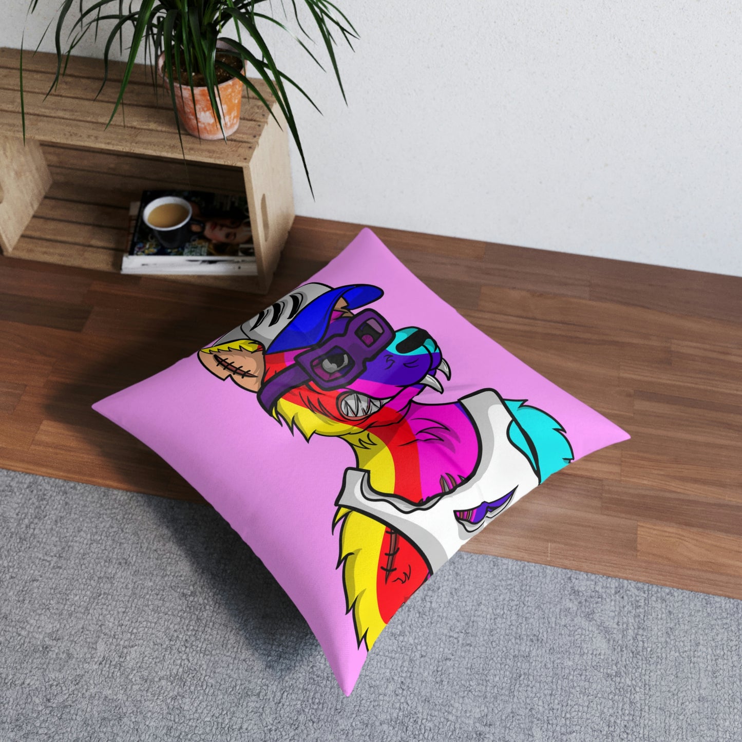 Rainbow Wolf Fur Cyborg Wolve Tufted Floor Pillow, Square