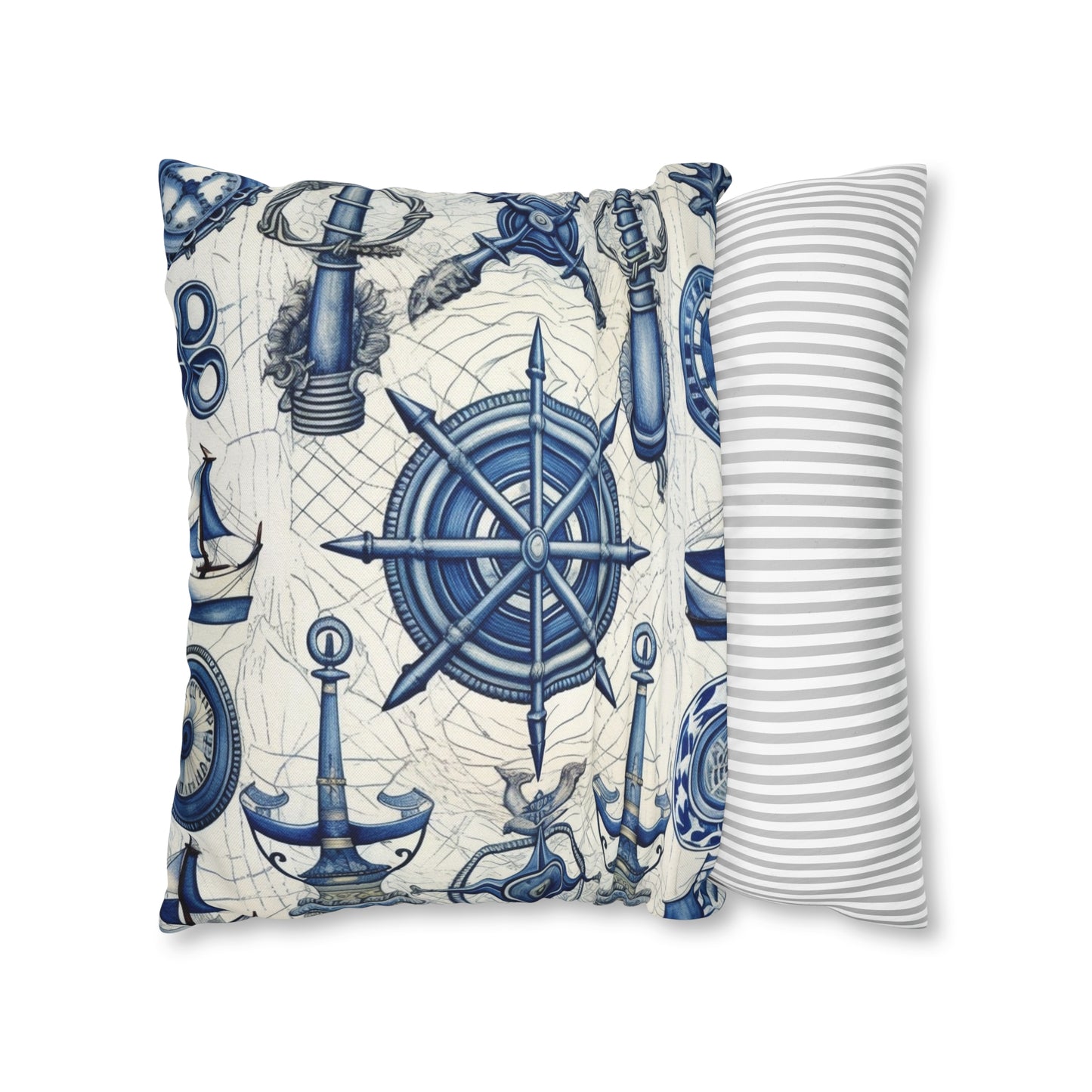 Nautical Theme Art - Anchors, Ropes, Compass Spun Polyester Square Pillow Case