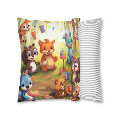 Nursery Art - Cartoon Forest Animals Party Design Spun Polyester Square Pillow Case