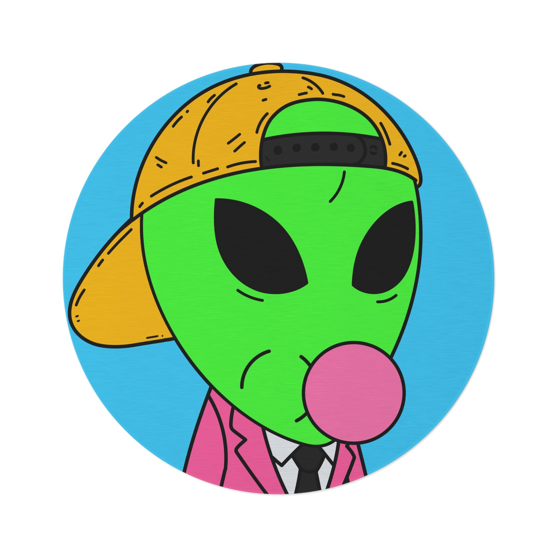 Pink Suit Bubble Gum Visitor Green Alien with Yellow Cap Round Rug - Visitor751