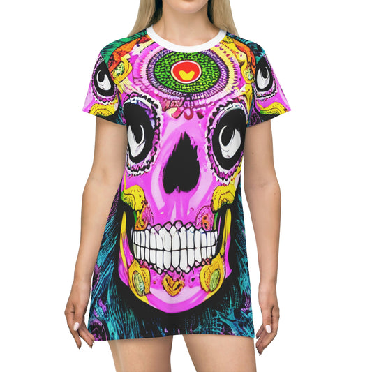 Trippy psychedelic Skull Skeleton Head Face All Over Print T-Shirt Dress