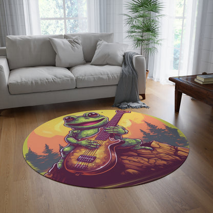 Classic Frog ontop a log Style Guitar Playing Musician Round Rug