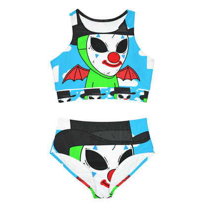 Clown Visitor Green Alien w/ Devil Wings Sporty Bikini Set (AOP)