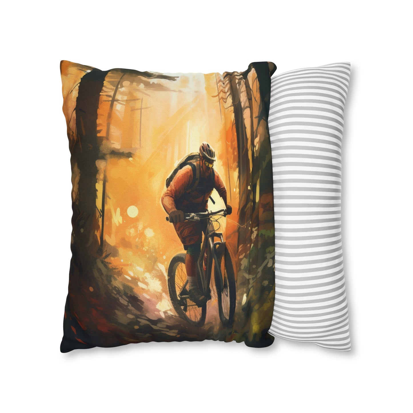 Mountain Bike Adventure - Forest Trail Graphic Spun Polyester Square Pillow Case