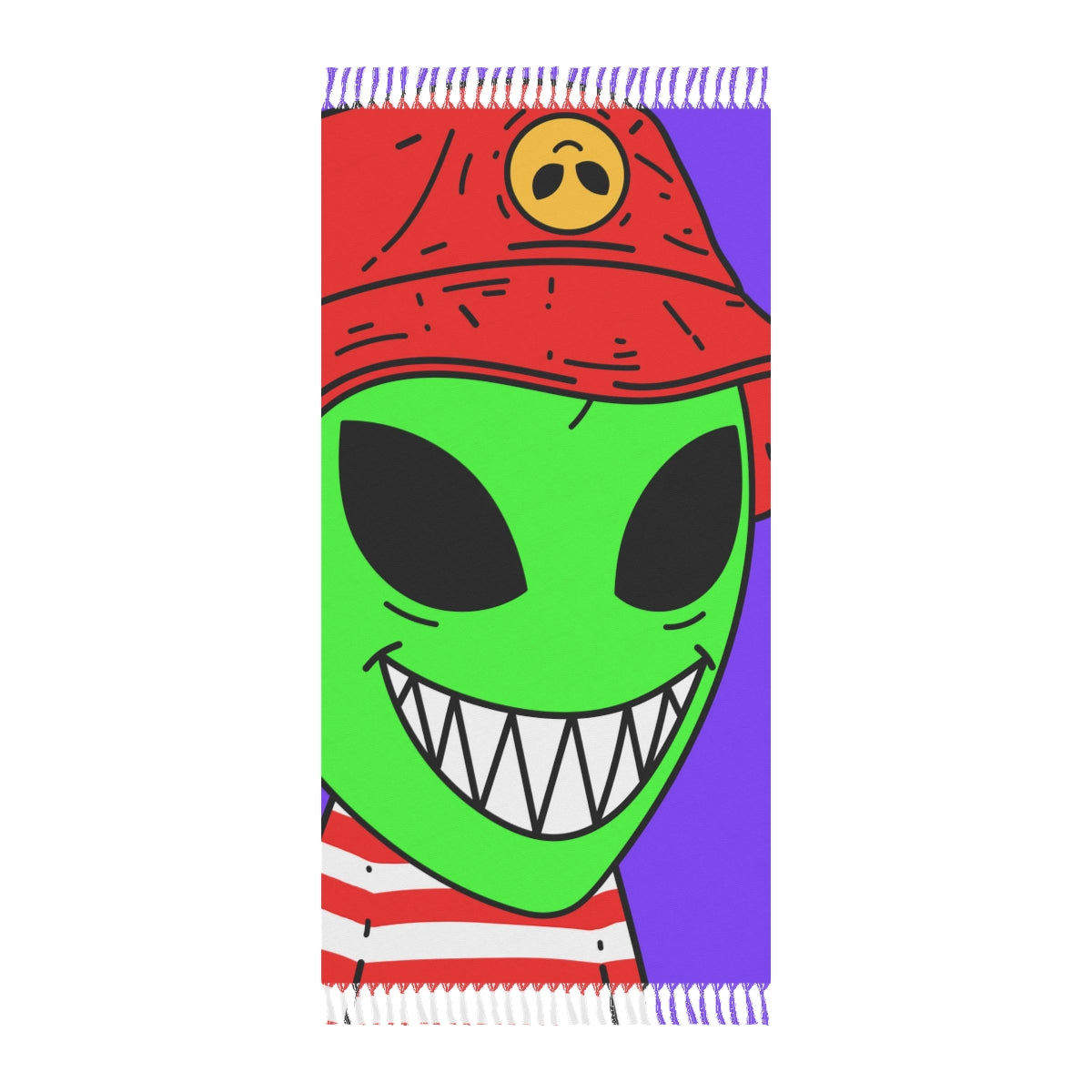 Alien Character Cartoon Red Hat Striped Shirt Big Smile Boho Beach Cloth