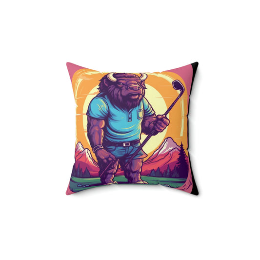 Almohada cuadrada de poliéster hilado con gráfico de estilo Golf Bison Buffalo USA 