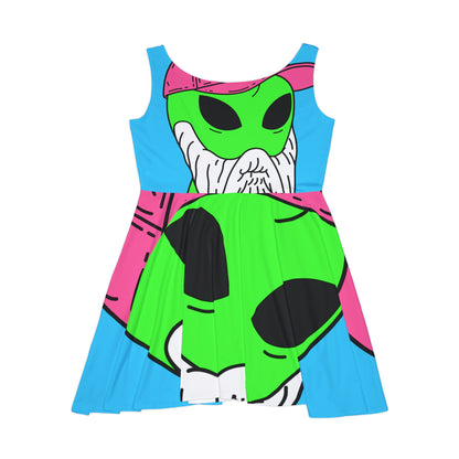 Beard Visitor Pink Hat Alien Cartoon Women's Skater Dress (AOP)