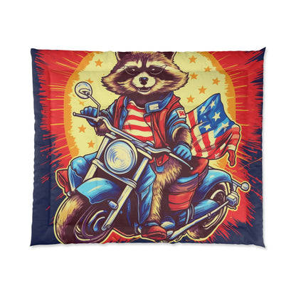 Red White and Blue American Raccoon Biker Motorcyclist Graphic Comforter