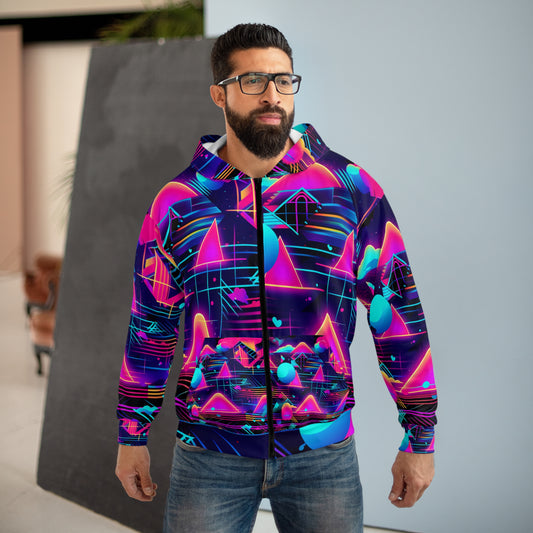 80s Synthwave Retro-Futuristic Inspired Pattern Design Unisex Zip Hoodie (AOP)