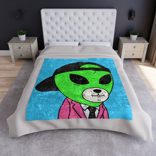 White Bear Dog Face Pink Suit Green Alien Visitor Black Cap Crushed Velvet Blanket - Visitor751