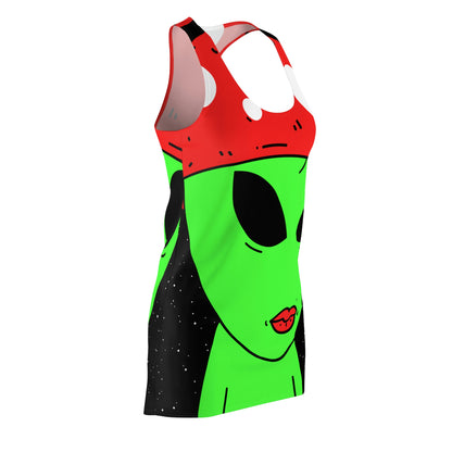 Mushroom Head Green Alien Visitor w/ Red Lips Women's Cut & Sew Racerback Dress (AOP)