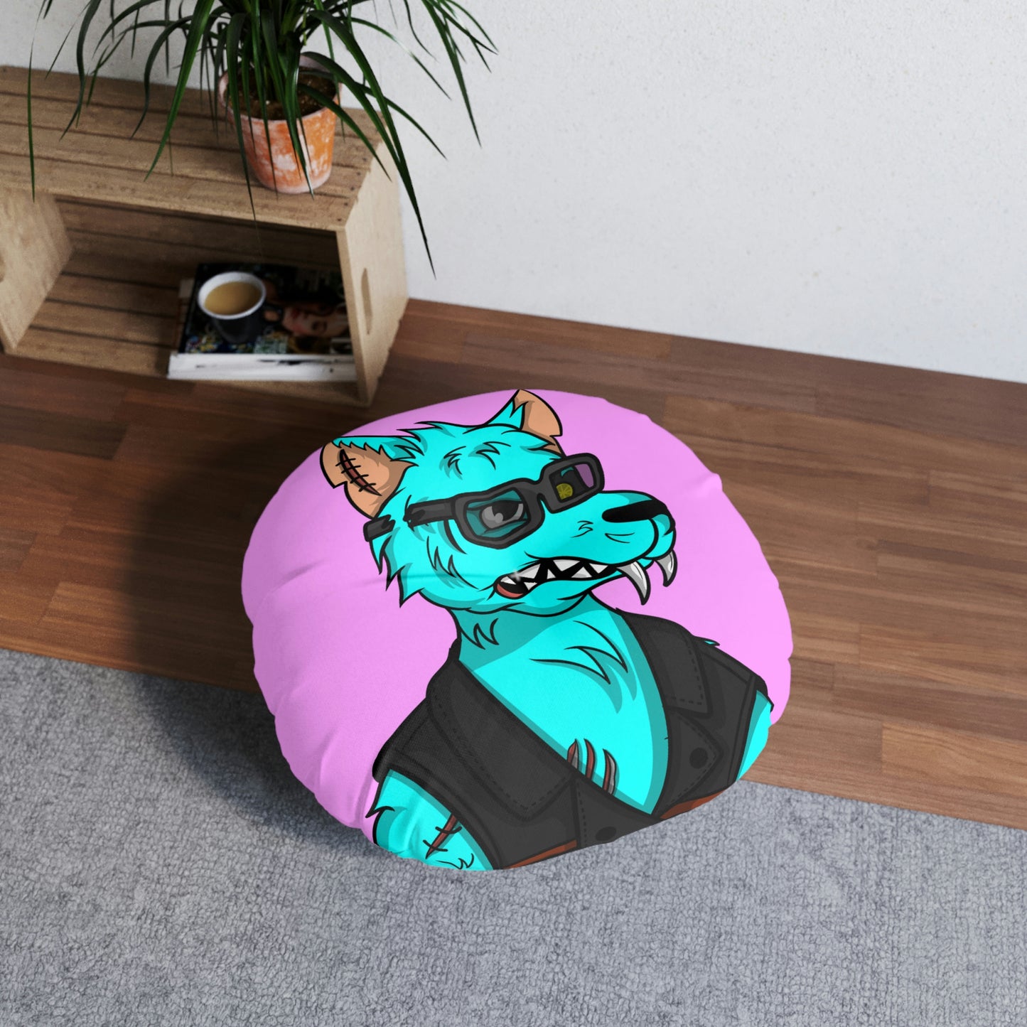 Wolve Aqua Water Blue Wolf Cyborg Tufted Floor Pillow, Round