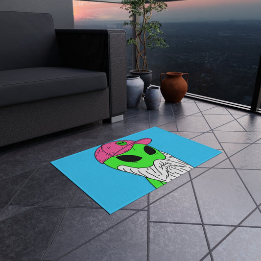 Bearded Green Visitor Pink Alien Hat Cartoon Comic Outdoor Rug