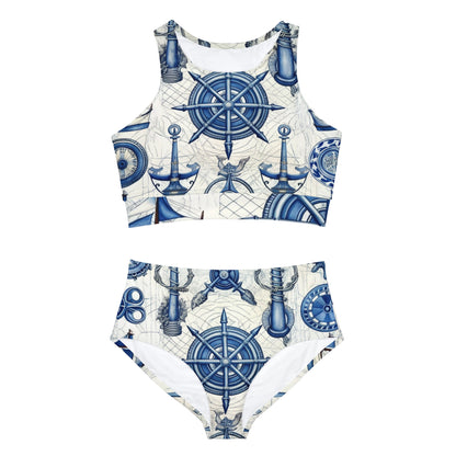 Nautical Theme Sporty Bikini Set - Anchors, Ropes, Compass Design (AOP)