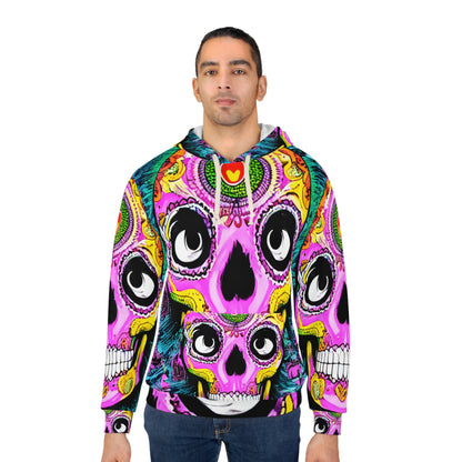 Trippy psicodélico cráneo esqueleto cabeza cara AOP unisex sudadera con capucha 