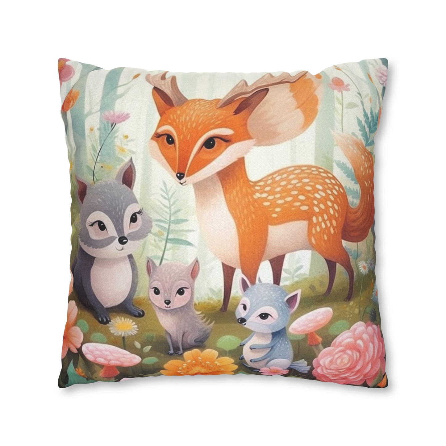 Cute Woodland Creatures Whimsical Animal Art Spun Polyester Square Pillow Case