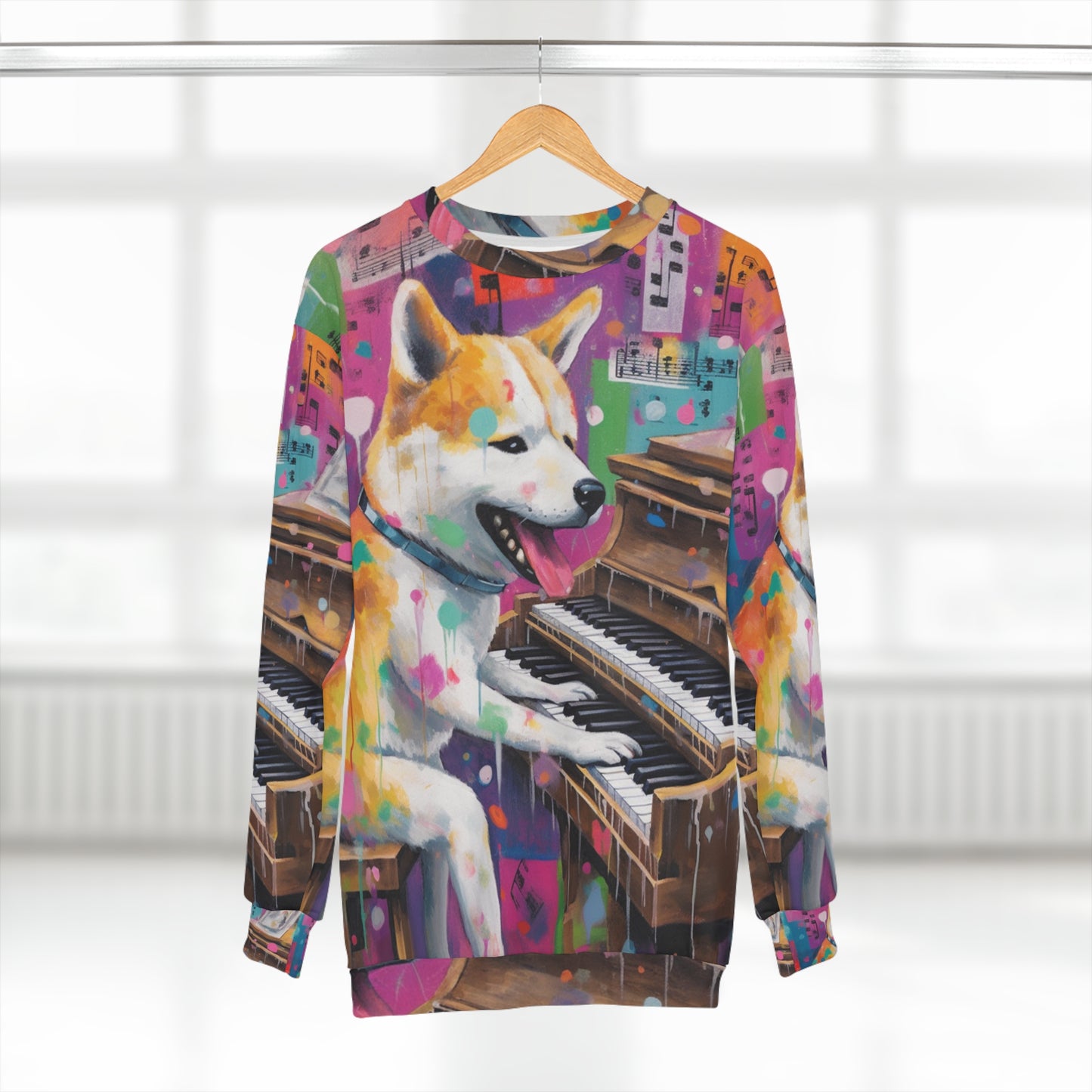 Arte estilo graffiti Shiba Inu tocando el piano: sudadera unisex colorida, feliz y post-apocalíptica (AOP) 