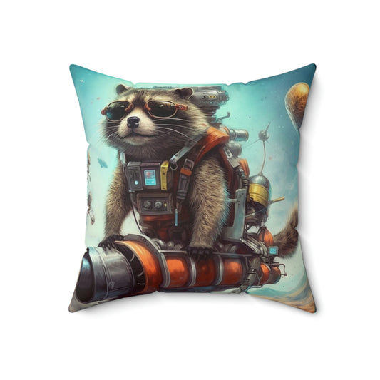 Raccoon Space Traveler Galactic Rocket Animal Spun Polyester Square Pillow