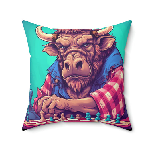 Chess Game Champ Master Bison Buffalo Style Spun Polyester Square Pillow