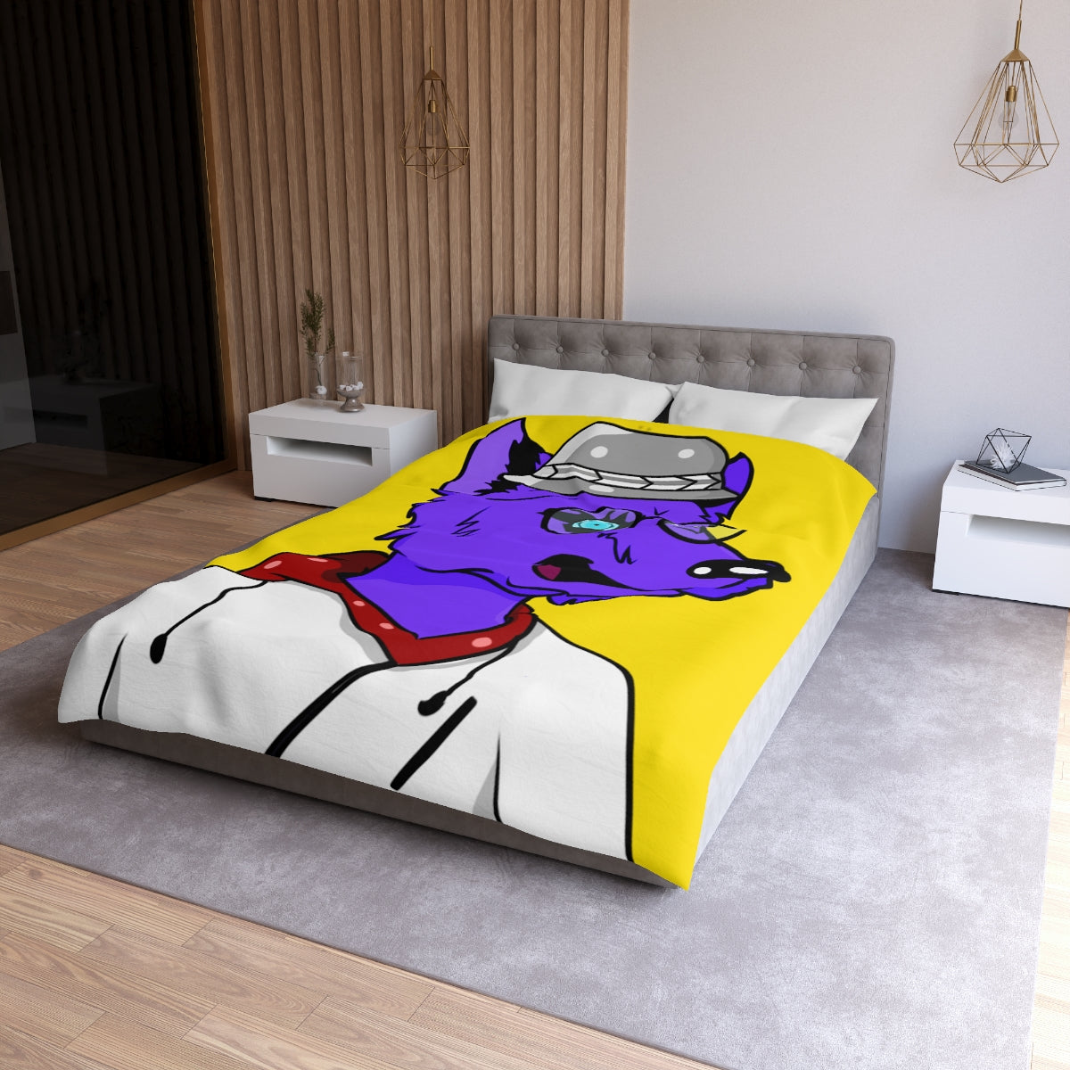 Cyborg Wolf Round Frame Glasses Fedora Hat White Sweatshirt Hoodie Purple Fur Microfiber Duvet Cover