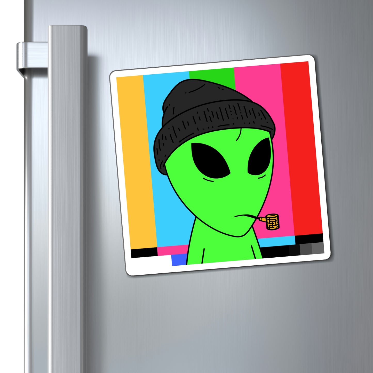 Pipe Smoking Green Alien Black Beanie Magnets