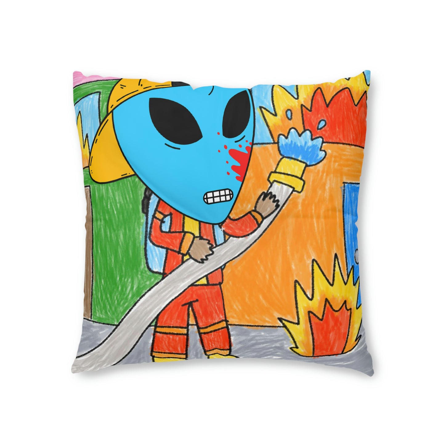 Fireman Fire Fighter Alien Blue Blood Visitor Hero Tufted Floor Pillow, Square