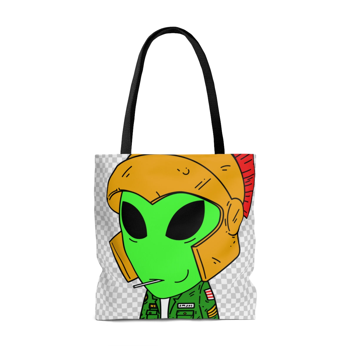 Spartan Helmet Military Jacket Lolipop Mouth Green Alien Visitor AOP Tote Bag