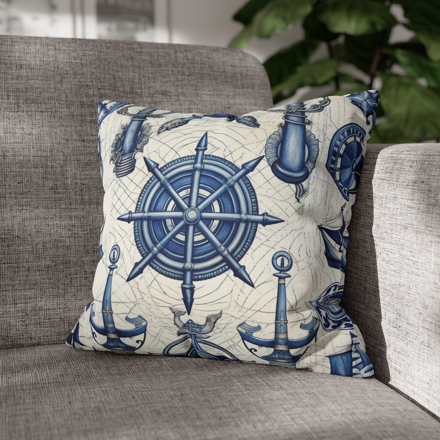 Nautical Theme Art - Anchors, Ropes, Compass Spun Polyester Square Pillow Case