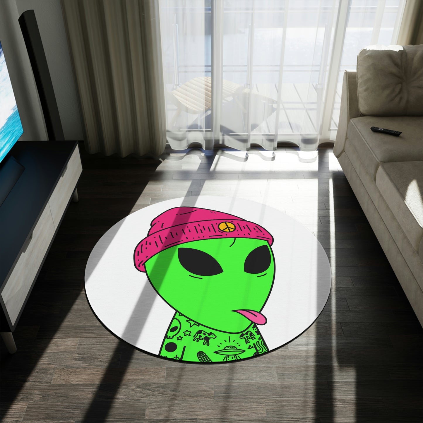 Pink Tongue Peace Hat Alien Tattoos UFO Space Extraterrestrial Visitor Round Rug - Visitor751